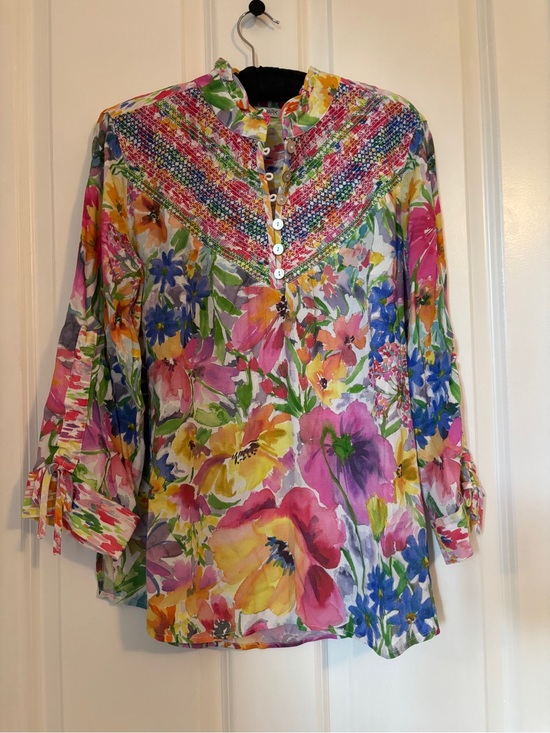 John Mark Tops - John Mark - Women's Multi Colored Floral Button-Front Popover Top Size S